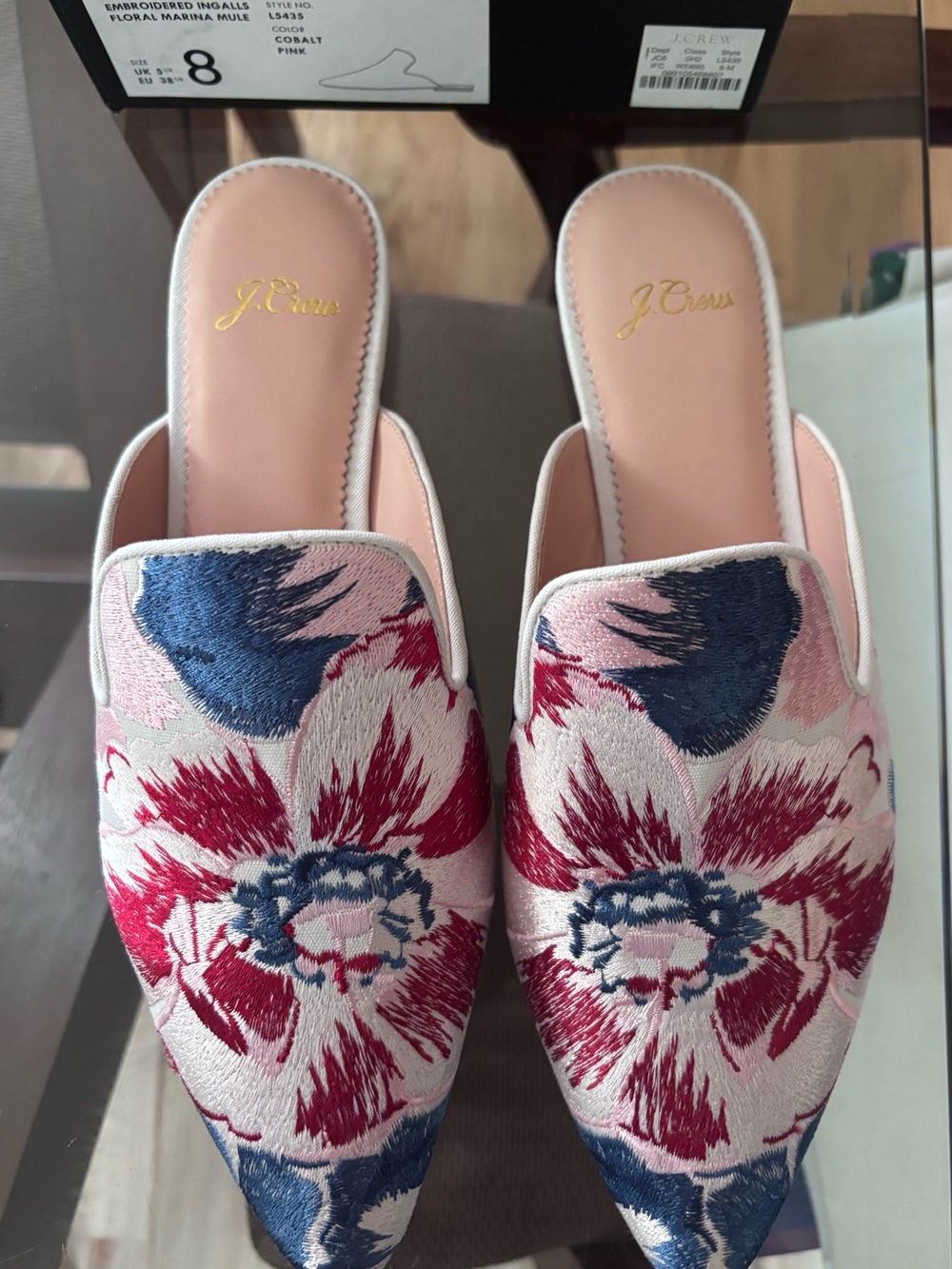 J. Crew Pink Floral Embroidered Ingalls Mule Slides with Navy Accents Size 8 NIB
